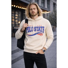 Polo State Erkek Kapüşonlu Baskılı Kanguru Cepli 3 Iplik Şardonlu Krem Sweatshirt