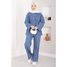 Md Kemer Detaylı Ceket Pantolon Kot Takım Açık Mavi