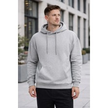 Polo State Erkek Oversize Kapüşonlu Kanguru Cepli 3 Iplik Içi Polarlı Gri Sweatshirt