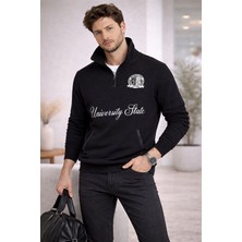 Polo State Erkek Dik Yaka Yarım Fermuarlı Baskılı Sweatshirt Siyah