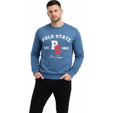 Polo State Erkek 3 Iplik Şardonsuz Pamuklu Regular Fit Baskılı Bisiklet Yaka Mavi Sweatshirt