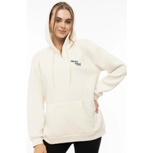 Quhox Kadın Kapüşonlu Cherry Nakışlı Oversize Sweatshirt Ekru