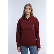 Quhox Kadin Kalp Nakışlı 3 Iplik Sweatshirt Bordo