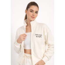 Polo State Kadın Ekru Fermuarlı Sweat Ceket – Regular Fit Günlük Spor Eşofman Üstü
