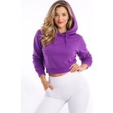 Polo State Kadın Kapüşonlu Crop Sweatshirt Mor – 3 Iplik Şardonlu Rahat Kalıp