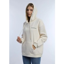 Quhox Kadın Kapüşonlu 3 Iplik Sweatshirt Ekru