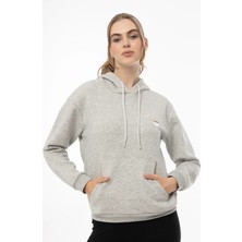 Quhox Kadin Coffe Nakışlı Kapüşonlu Sweatshirt Gri Melanj