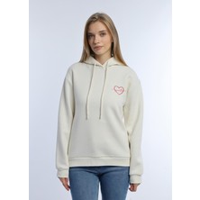 Quhox Kadin Kalp Nakışlı 3 Iplik Sweatshirt Ekru