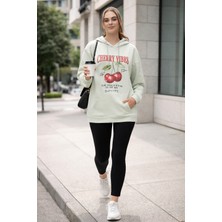 Polo State Kadın Mint Kiraz Baskılı Oversize Kapüşonlu Sweatshirt Hoodie