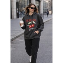 Polo State Kadın Antrasit Kiraz Baskılı Oversize Kapüşonlu Sweatshirt Hoodie