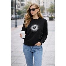 Polo State Kadın Siyah Kalp Baskılı Regular Sweatshirt Günlük Rahat Basic Sweat