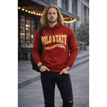 Polo State Erkek Kapüşonlu Baskılı Kanguru Cepli 3 Iplik Şardonlu Kırmızı Sweatshirt