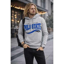 Polo State Erkek Kapüşonlu Baskılı Kanguru Cepli 3 Iplik Şardonlu Gri Sweatshirt