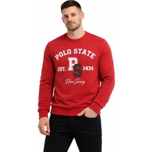 Polo State Erkek 3 Iplik Şardonsuz Pamuklu Regular Fit Baskılı Bisiklet Yaka Kırmızı Sweatshirt