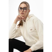 Quhox Kadin Coffe Nakışlı Kapüşonlu Sweatshirt Ekru