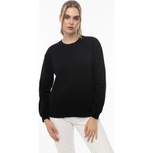 Quhox Kadın Bisiklet Yaka 3 Iplik Şardonlu Sweatshirt Siyah