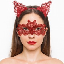 Fredeom Store Ateş Kırmızısı Dantel Taç ve Maske Seti 10 No - Maskeli Balo &amp; Özel Gün Seti