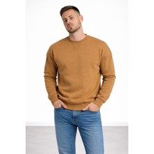 Polo State Erkek Kahverengi 3 Iplik Şardonlu Kalın Basic Bisiklet Yaka Oversize Sweatshirt