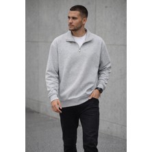 Polo State Unisex Yarım Fermuarlı Dik Yaka Regular Fit Basic Gri Sweatshirt