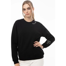 Quhox Kadın 3 Iplik Şardonlu Bisiklet Yaka Sweatshirt Siyah