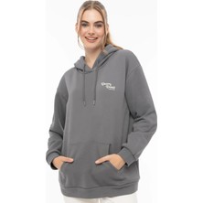 Quhox Kadın Kapüşonlu Cherry Nakışlı Oversize Sweatshirt Füme