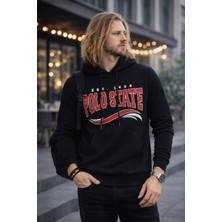 Polo State Erkek Kapüşonlu Baskılı Kanguru Cepli 3 Iplik Şardonlu Siyah Sweatshirt