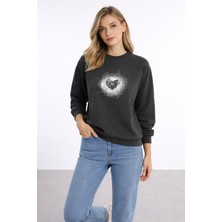 Polo State Kadın Antrasit Kalp Baskılı Regular Sweatshirt Günlük Rahat Basic Sweat