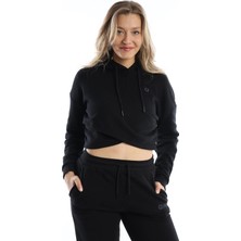 Quhox Kadın Kruvaze Detaylı Kapüşonlu Crop Sweat Siyah