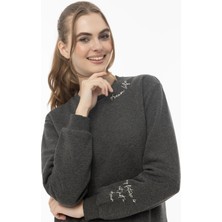 Quhox Kadın 3 Iplik Şardonlu Bisiklet Yaka Sweatshirt Antrasit Melanj