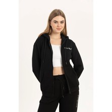 Quhox Kadın Fermuarlı Regular Fit Sweatshirt Siyah