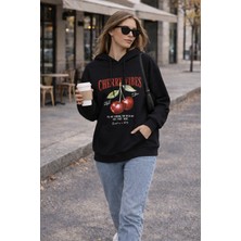 Polo State Kadın Siyah Kiraz Baskılı Oversize Kapüşonlu Sweatshirt Hoodie