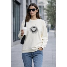 Polo State Kadın Ekru Kalp Baskılı Regular Sweatshirt Günlük Rahat Basic Sweat