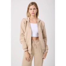 Quhox Kadın Fermuarlı Regular Fit Sweatshirt Bej