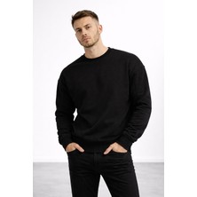 Polo State Erkek Siyah 3 Iplik Şardonlu Kalın Basic Bisiklet Yaka Oversize Sweatshirt