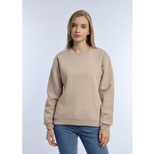 Quhox Kadın Bisiklet Yaka 3 Iplik Şardonlu Sweatshirt Bej