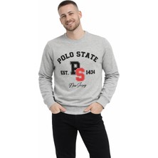 Polo State Erkek 3 Iplik Şardonsuz Pamuklu Regular Fit Baskılı Bisiklet Yaka Gri Sweatshirt
