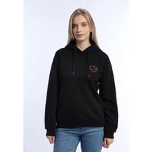 Quhox Kadin Kalp Nakışlı 3 Iplik Sweatshirt Siyah