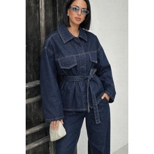 Polo State Lacivert Bağlamalı Denim Takım Oversize Ceket ve Yüksek Bel Pantolon