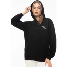 Quhox Kadın Kapüşonlu Cherry Nakışlı Oversize Sweatshirt Siyah