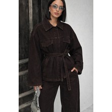 Polo State Kahve Bağlamalı Denim Takım Oversize Ceket ve Yüksek Bel Pantolon