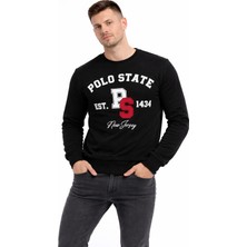 Polo State Erkek 3 Iplik Şardonsuz Pamuklu Regular Fit Baskılı Bisiklet Yaka Siyah Sweatshirt