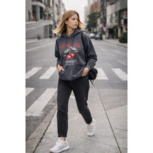 Polo State Kadın Füme Kiraz Baskılı Oversize Kapüşonlu Sweatshirt Hoodie