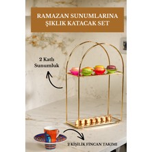 Edora Home Ramazana Özel 2 Kişilik Kahve Fincan Takımı + Altın Renk 2 Katlı Sunum Standı Seti | Şık Kahve Sunumluk