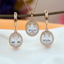 Tb Takı Boom Kadın Gümüş Takı Seti, Oval Kolye Küpe Seti, Beyaz Taşlı Takı Seti, Rose Gold Kaplama