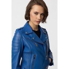 Deriderim Parlament Mavi Laney Biker Motorcu Kadın Fermuarlı Astarlı Dikişli Apoletli Kısa Hakiki Deri Ceket