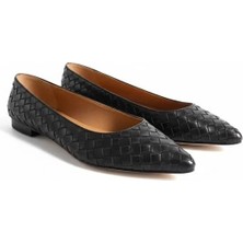 Ne&Ve Shoes Hakiki Deri Örgü Detaylı Kadın Sivri Burun Şık ve Rahat Babet