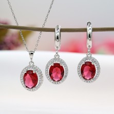 Tb Takı Boom Kırmızı Taşlı Takı Seti, Oval Gümüş Kolye Küpe Takım, Rodyum Kaplama