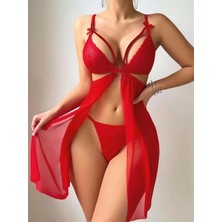Aria's Closet Arias Closet Kırmızı Göğüs Ip Detaylı Dantel Işlemeli Tül Gecelik