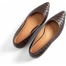 Ne&Ve Shoes Hakiki Deri Örgü Detaylı Kadın Sivri Burun Şık ve Rahat Babet