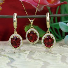 Tb Takı Boom Kırmızı Taşlı Kadın Takı Seti, Ruby Oval Kolye Küpe Seti, Gümüş Gold Kaplama